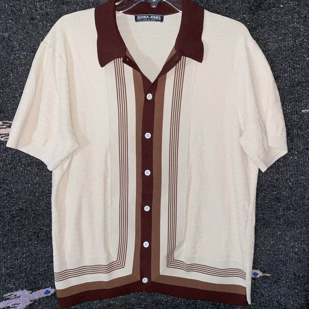 PJ Paul Jones Men's Knit Button-Up Collared Retro Short Sleeve Striped Sweater L